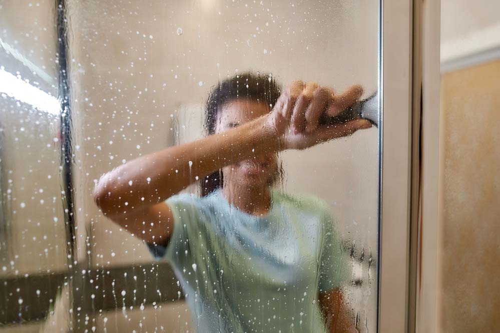 a young woman cleaning a shower door with a squeegee